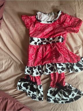 TwoCan 12-18M Cowgirl Red Paisley & Cow Print Ruffle Romper